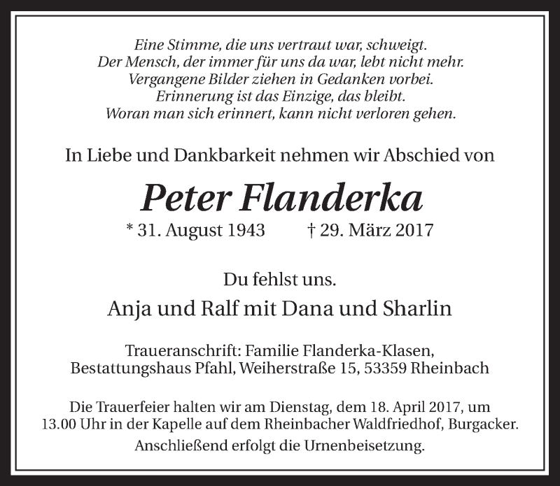  Traueranzeige für Peter Flanderka vom 05.04.2017 aus  Schaufenster/Blickpunkt 