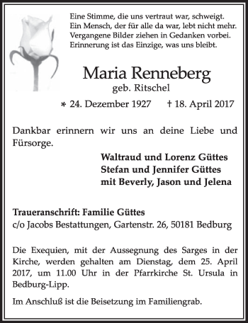 Anzeige von Marfia Renneberg von  Sonntags-Post 