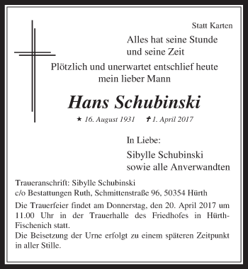 Anzeige von Hans Schubinski von  Wochenende 