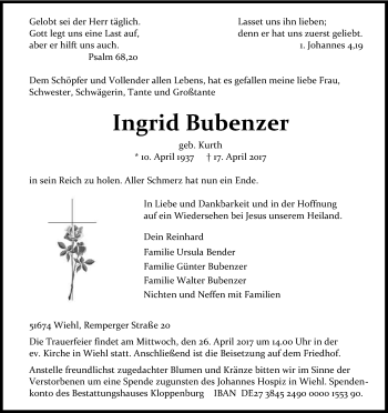 Anzeige von Ingrid Bubenzer von Kölner Stadt-Anzeiger / Kölnische Rundschau / Express