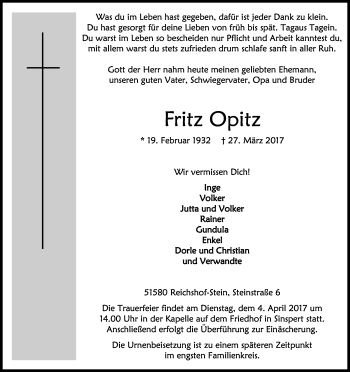 Anzeige von Fritz Opitz von Kölner Stadt-Anzeiger / Kölnische Rundschau / Express