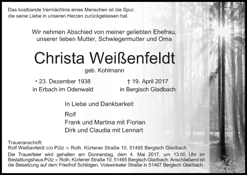  Traueranzeige für Christa Weißenfeldt vom 29.04.2017 aus Kölner Stadt-Anzeiger / Kölnische Rundschau / Express