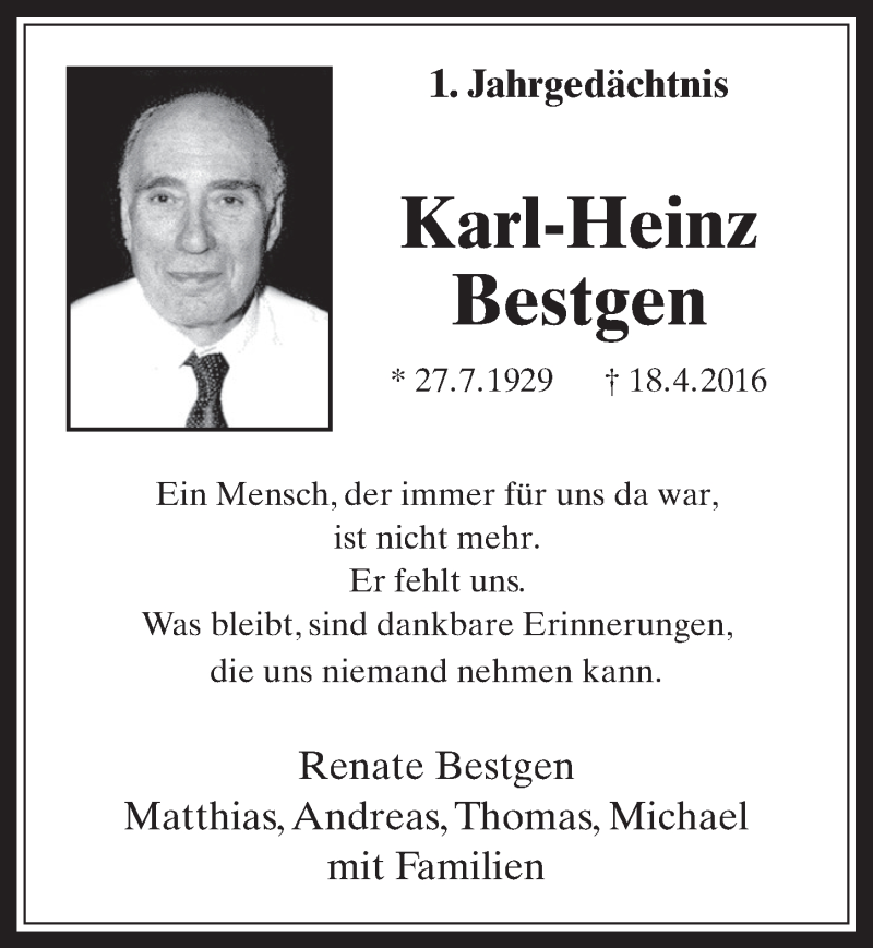  Traueranzeige für Karl-Heinz Bestgen vom 19.04.2017 aus  Wochenende 