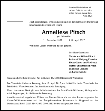 Anzeige von Anneliese Pitsch von Kölner Stadt-Anzeiger / Kölnische Rundschau / Express