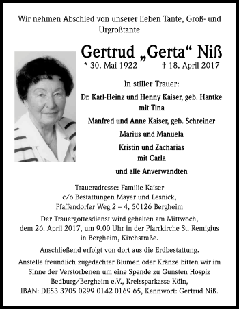Anzeige von Gertrud Niß von Kölner Stadt-Anzeiger / Kölnische Rundschau / Express