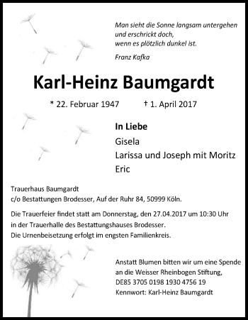 Anzeige von Karl-Heinz Baumgardt von Kölner Stadt-Anzeiger / Kölnische Rundschau / Express