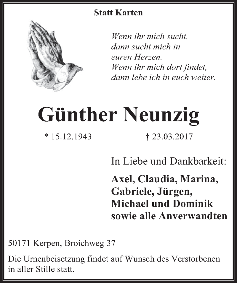  Traueranzeige für Günther Neunzig vom 05.04.2017 aus  Werbepost 