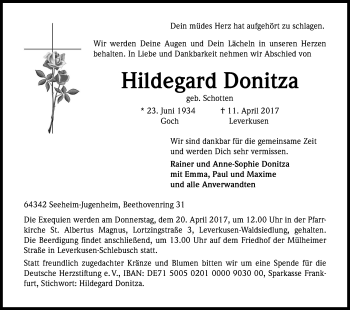 Anzeige von Hildegard Donitza von Kölner Stadt-Anzeiger / Kölnische Rundschau / Express