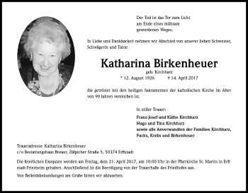 Anzeige von Katharina Birkenheuer von Kölner Stadt-Anzeiger / Kölnische Rundschau / Express