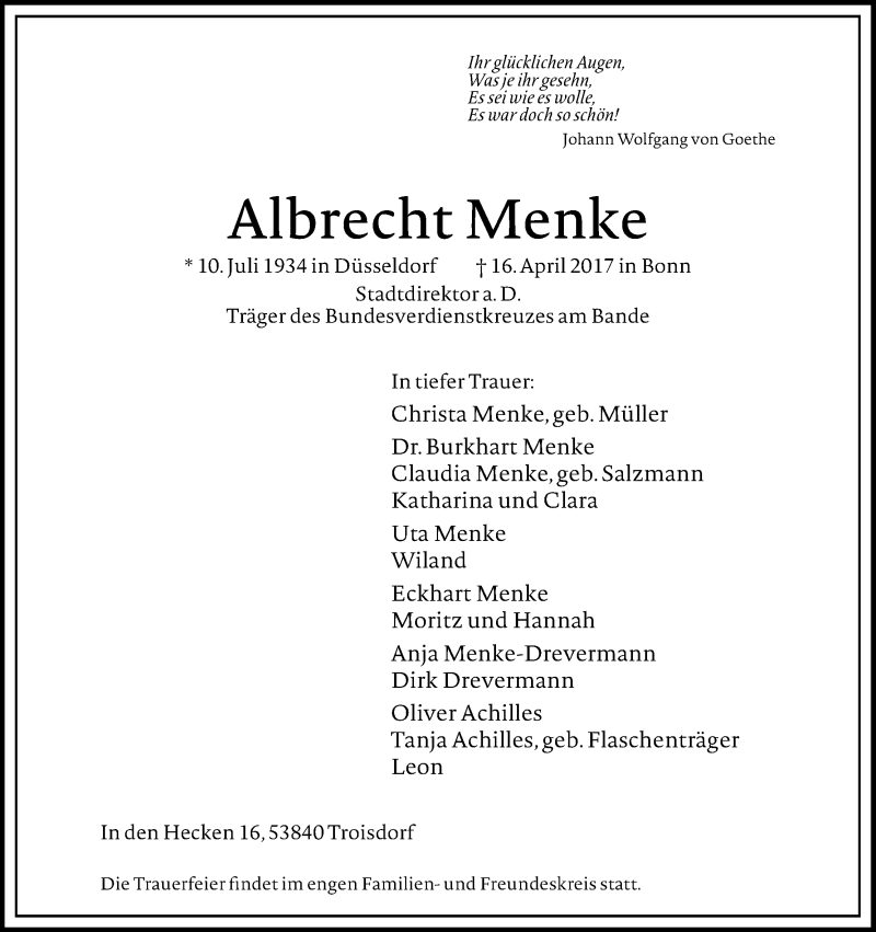  Traueranzeige für Albrecht Menke vom 22.04.2017 aus Kölner Stadt-Anzeiger / Kölnische Rundschau / Express