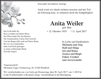 Anzeige von Anita Weiler von  Lokalanzeiger 