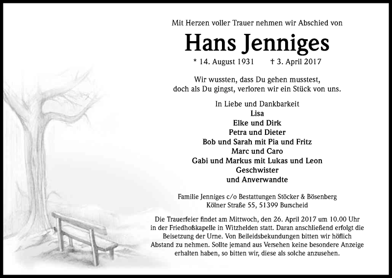  Traueranzeige für Hans Jenniges vom 21.04.2017 aus Kölner Stadt-Anzeiger / Kölnische Rundschau / Express