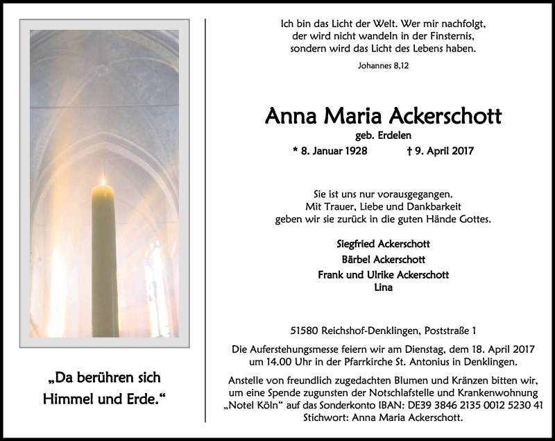  Traueranzeige für Anna Maria Ackerschott vom 12.04.2017 aus Kölner Stadt-Anzeiger / Kölnische Rundschau / Express