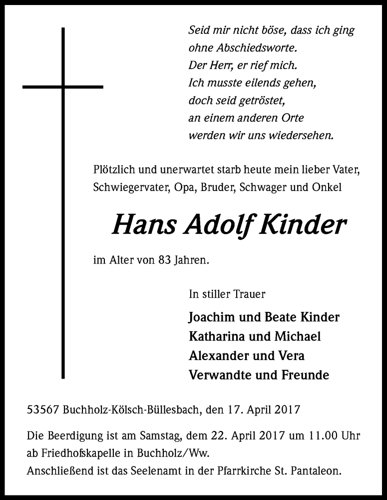  Traueranzeige für Hans Adolf Kinder vom 20.04.2017 aus Kölner Stadt-Anzeiger / Kölnische Rundschau / Express
