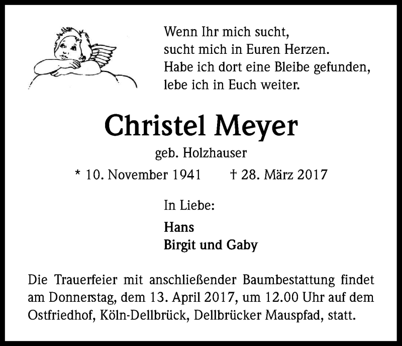  Traueranzeige für Christel Meyer vom 08.04.2017 aus Kölner Stadt-Anzeiger / Kölnische Rundschau / Express