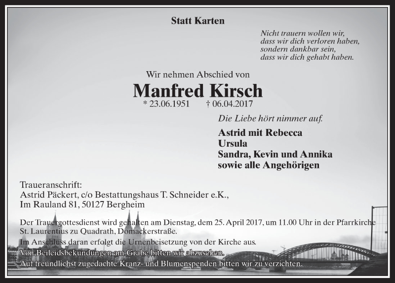  Traueranzeige für Manfred Kirsch vom 19.04.2017 aus  Werbepost 