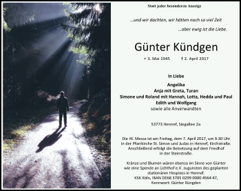 Anzeige von Günter Kündgen von Kölner Stadt-Anzeiger / Kölnische Rundschau / Express