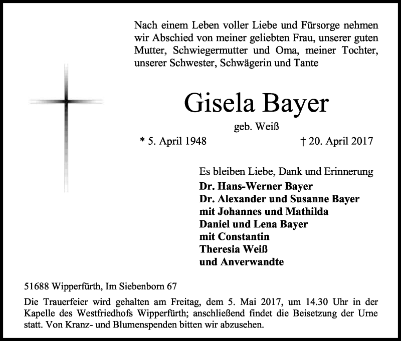  Traueranzeige für Gisela Bayer vom 26.04.2017 aus Kölner Stadt-Anzeiger / Kölnische Rundschau / Express