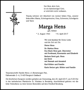 Anzeige von Marga Hens von Kölner Stadt-Anzeiger / Kölnische Rundschau / Express
