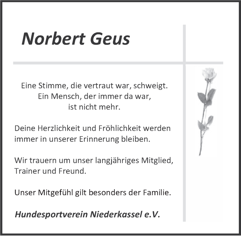  Traueranzeige für Norbert Geus vom 08.04.2017 aus   Rhein-Sieg-Wochenende 