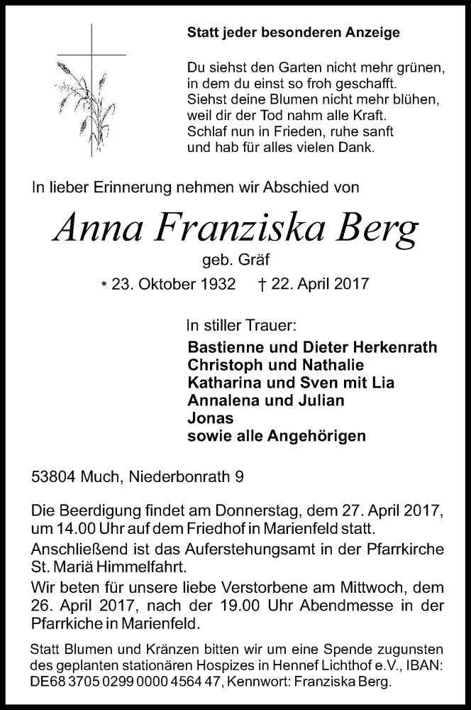  Traueranzeige für Anna Franziska Berg vom 25.04.2017 aus Kölner Stadt-Anzeiger / Kölnische Rundschau / Express