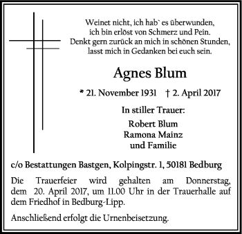 Anzeige von Agnes Blum von Kölner Stadt-Anzeiger / Kölnische Rundschau / Express