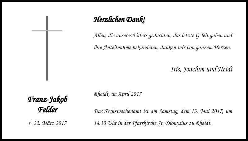  Traueranzeige für Franz-Jakob Felder vom 29.04.2017 aus Kölner Stadt-Anzeiger / Kölnische Rundschau / Express