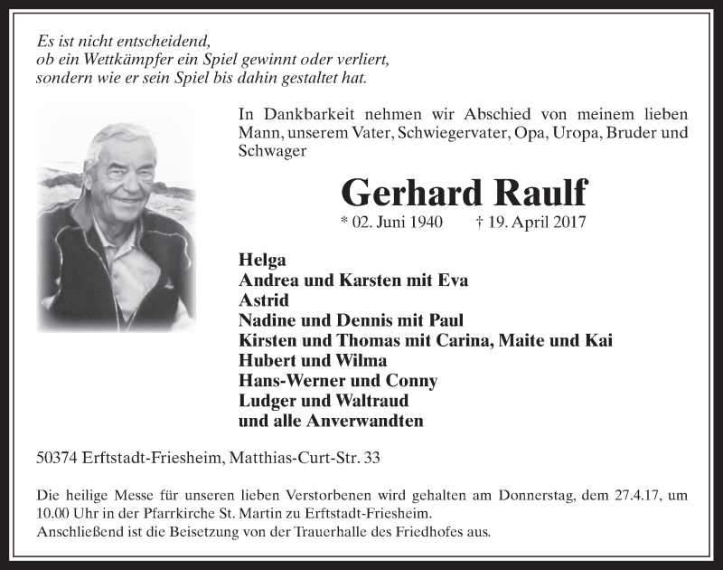  Traueranzeige für Gerhard Raulf vom 26.04.2017 aus  Werbepost 