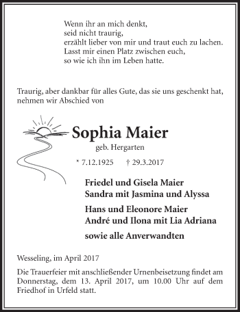 Anzeige von Sophia Maier von  Schlossbote/Werbekurier 