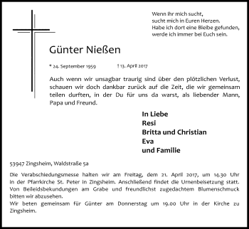 Anzeige von Günter Nießen von Kölner Stadt-Anzeiger / Kölnische Rundschau / Express