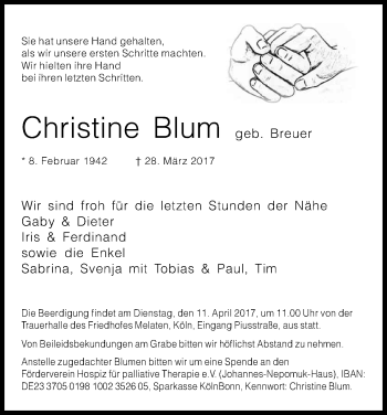 Anzeige von Christine Blum von Kölner Stadt-Anzeiger / Kölnische Rundschau / Express