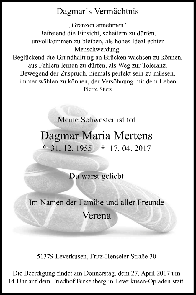  Traueranzeige für Dagmar Maria Mertens vom 25.04.2017 aus Kölner Stadt-Anzeiger / Kölnische Rundschau / Express