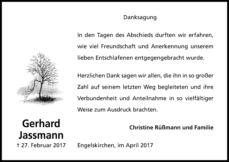  Traueranzeige für Gerhard Jassmann vom 08.04.2017 aus Kölner Stadt-Anzeiger / Kölnische Rundschau / Express
