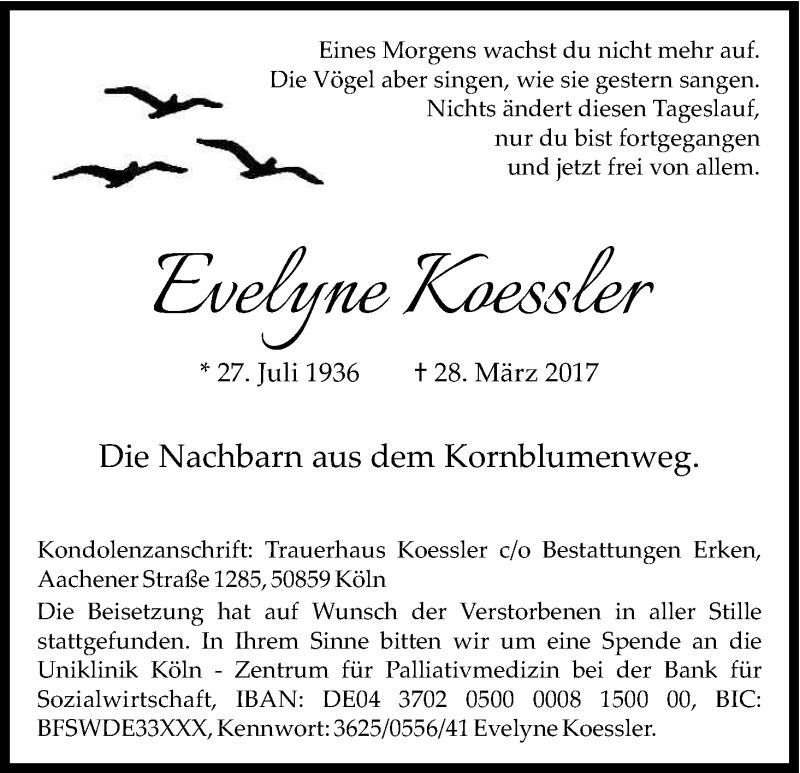  Traueranzeige für Evelyne Kessler vom 15.04.2017 aus Kölner Stadt-Anzeiger / Kölnische Rundschau / Express