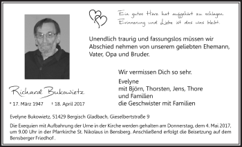 Anzeige von Richard Bukowietz von  Bergisches Handelsblatt 