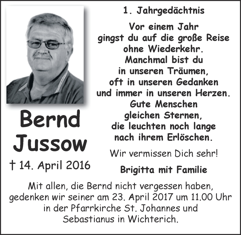  Traueranzeige für Bernd Jussow vom 22.04.2017 aus  Blickpunkt Euskirchen 