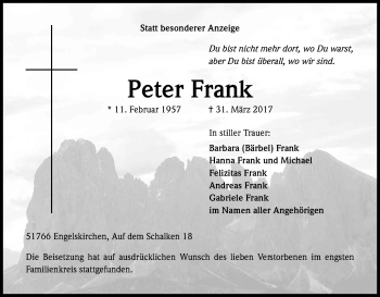 Anzeige von Peter Frank von Kölner Stadt-Anzeiger / Kölnische Rundschau / Express