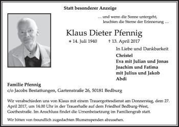 Anzeige von KLaus Dieter Pfennig von  Sonntags-Post 