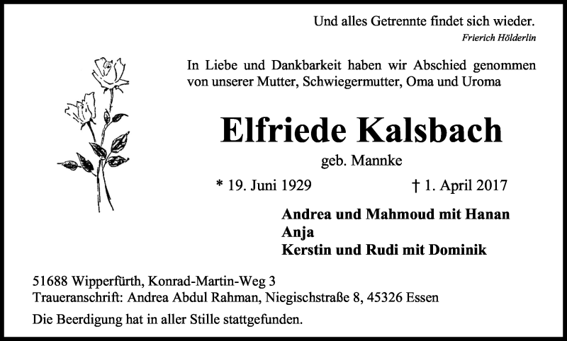 Traueranzeige für Elfriede Kalsbach vom 18.04.2017 aus Kölner Stadt-Anzeiger / Kölnische Rundschau / Express