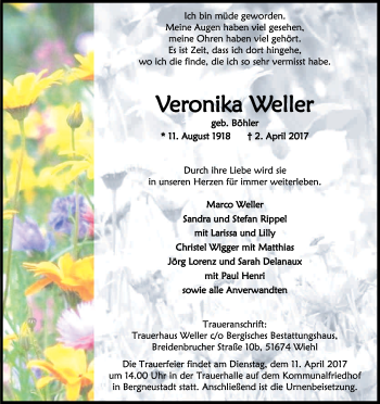 Anzeige von Veronika Weller von Kölner Stadt-Anzeiger / Kölnische Rundschau / Express