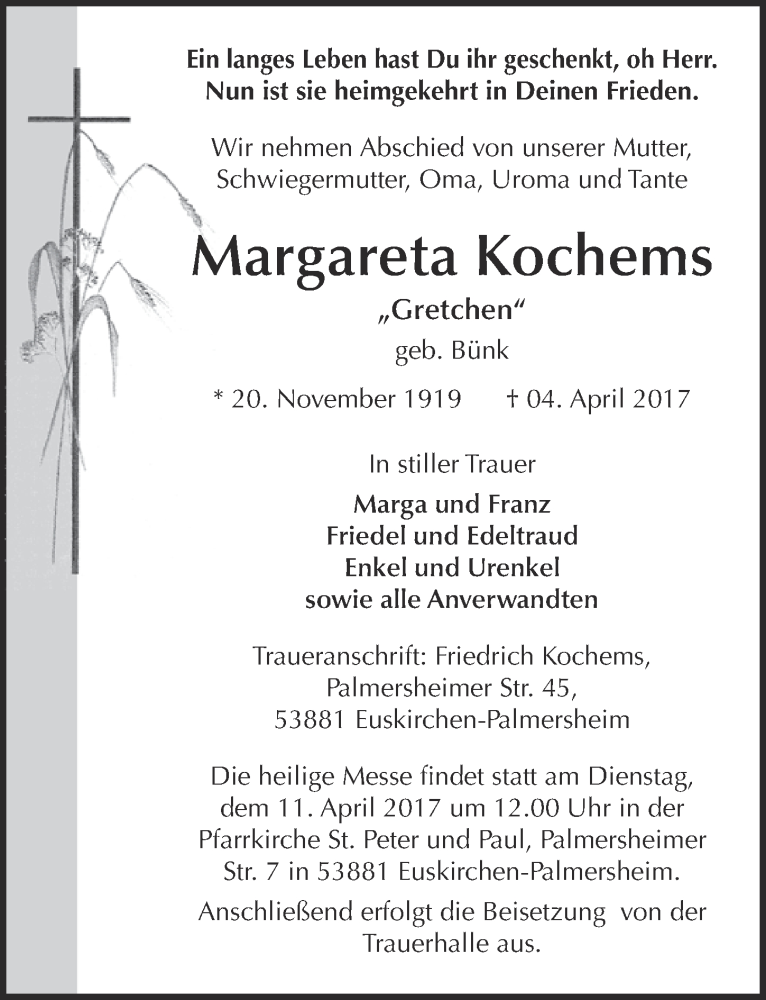  Traueranzeige für Margareta Kochems vom 08.04.2017 aus  Blickpunkt Euskirchen 