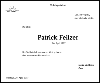 Anzeige von Patrick Feilzer von Kölner Stadt-Anzeiger / Kölnische Rundschau / Express