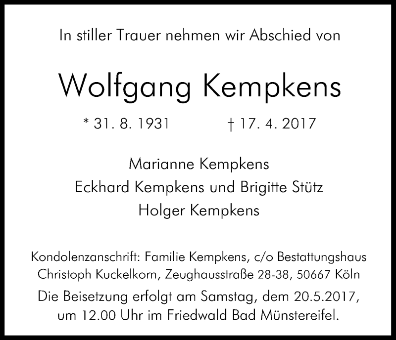  Traueranzeige für Wolfgang Kempkens vom 26.04.2017 aus Kölner Stadt-Anzeiger / Kölnische Rundschau / Express