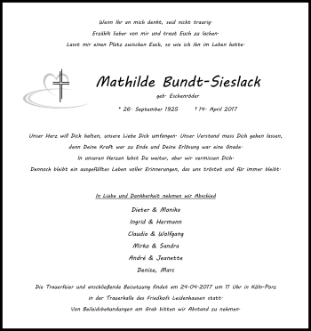 Anzeige von Mathilda Bundt-Sieslack von Kölner Stadt-Anzeiger / Kölnische Rundschau / Express
