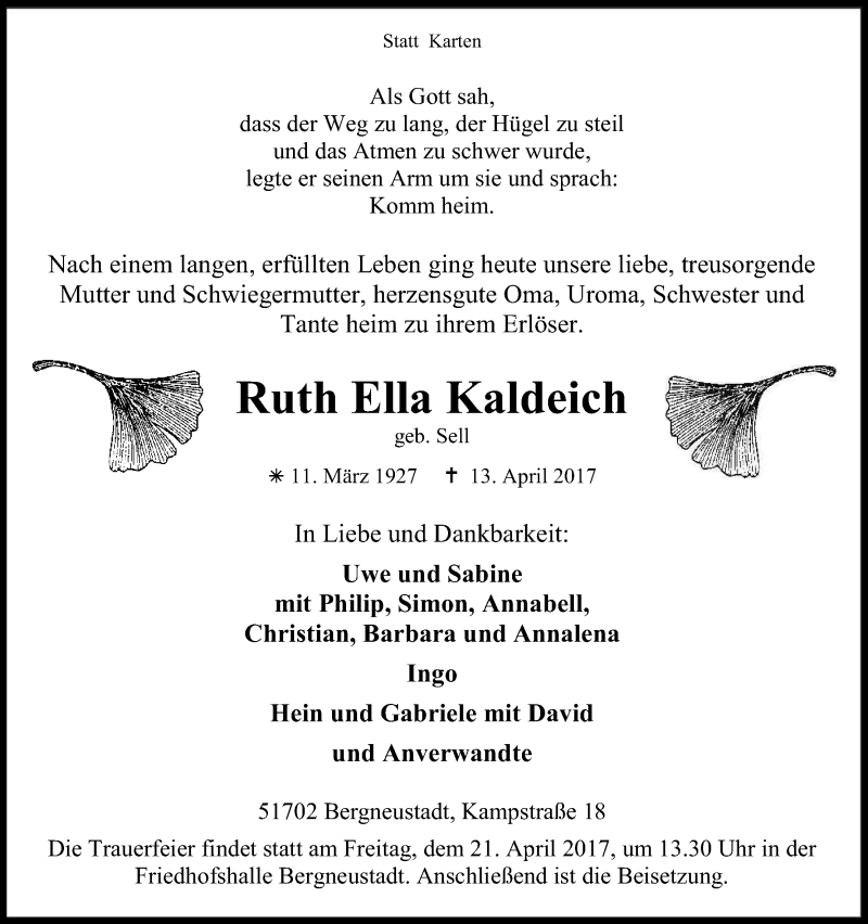  Traueranzeige für Ruth Ella Kaideich vom 19.04.2017 aus Kölner Stadt-Anzeiger / Kölnische Rundschau / Express