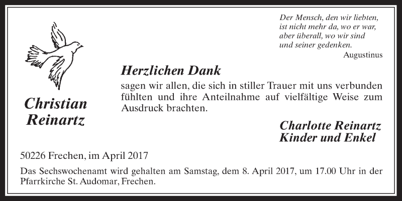  Traueranzeige für Christian Reinartz vom 05.04.2017 aus  Wochenende 