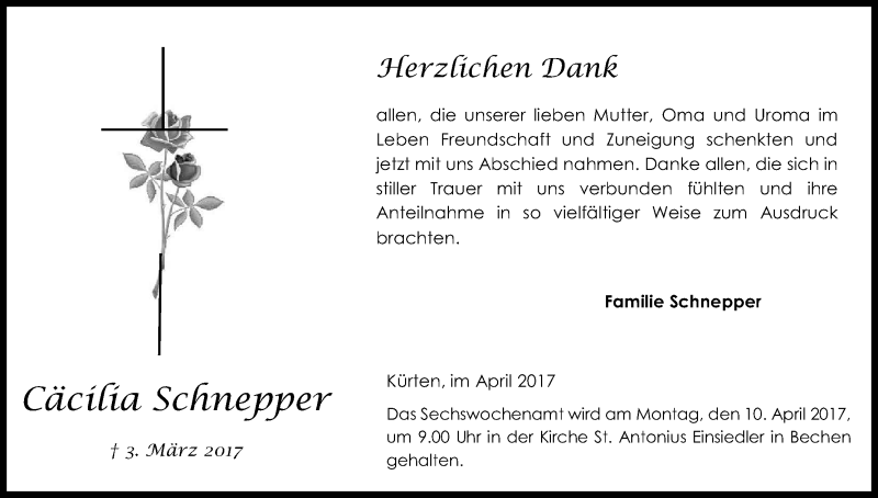  Traueranzeige für Cäcilia Schnepper vom 01.04.2017 aus Kölner Stadt-Anzeiger / Kölnische Rundschau / Express