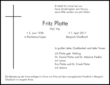 Anzeige von Fritz Platte von Kölner Stadt-Anzeiger / Kölnische Rundschau / Express