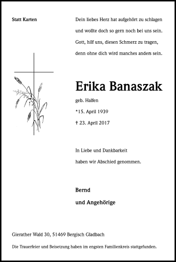 Anzeige von Erika Banaszak von Kölner Stadt-Anzeiger / Kölnische Rundschau / Express