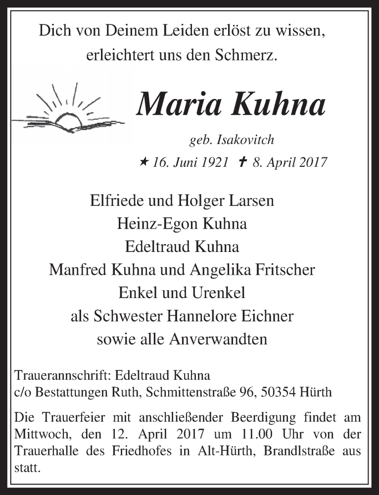  Traueranzeige für Maria Kuhna vom 12.04.2017 aus  Wochenende 